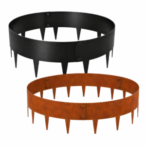 Black and corten steel garden rings for circular garden bed edging