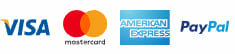 Payment methods including Visa, Mastercard, American Express and PayPal